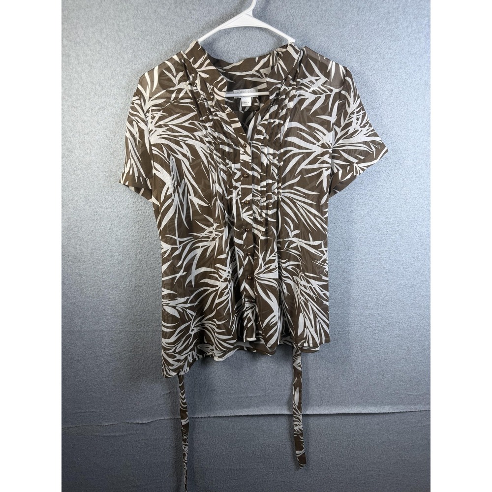 Christopher & Banks Blouse Womens Large Brown Tropical Leaf Button Top Tie Waist